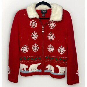 VTG Designer Original Studio Joy Embroidered Christmas Sweater Red Polar Bears M